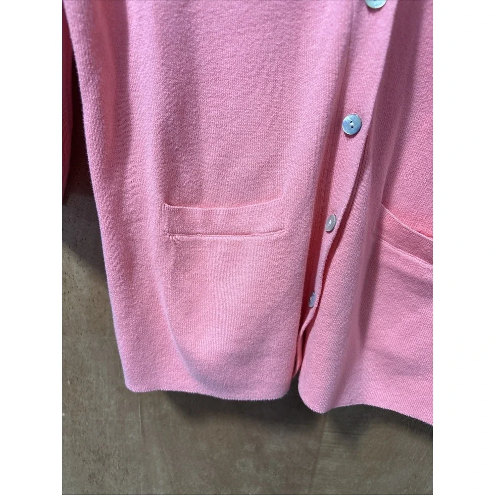 Studio works Button Down Long Pink Cardigan Petite Large 3/4 Sleeve Pearl Button